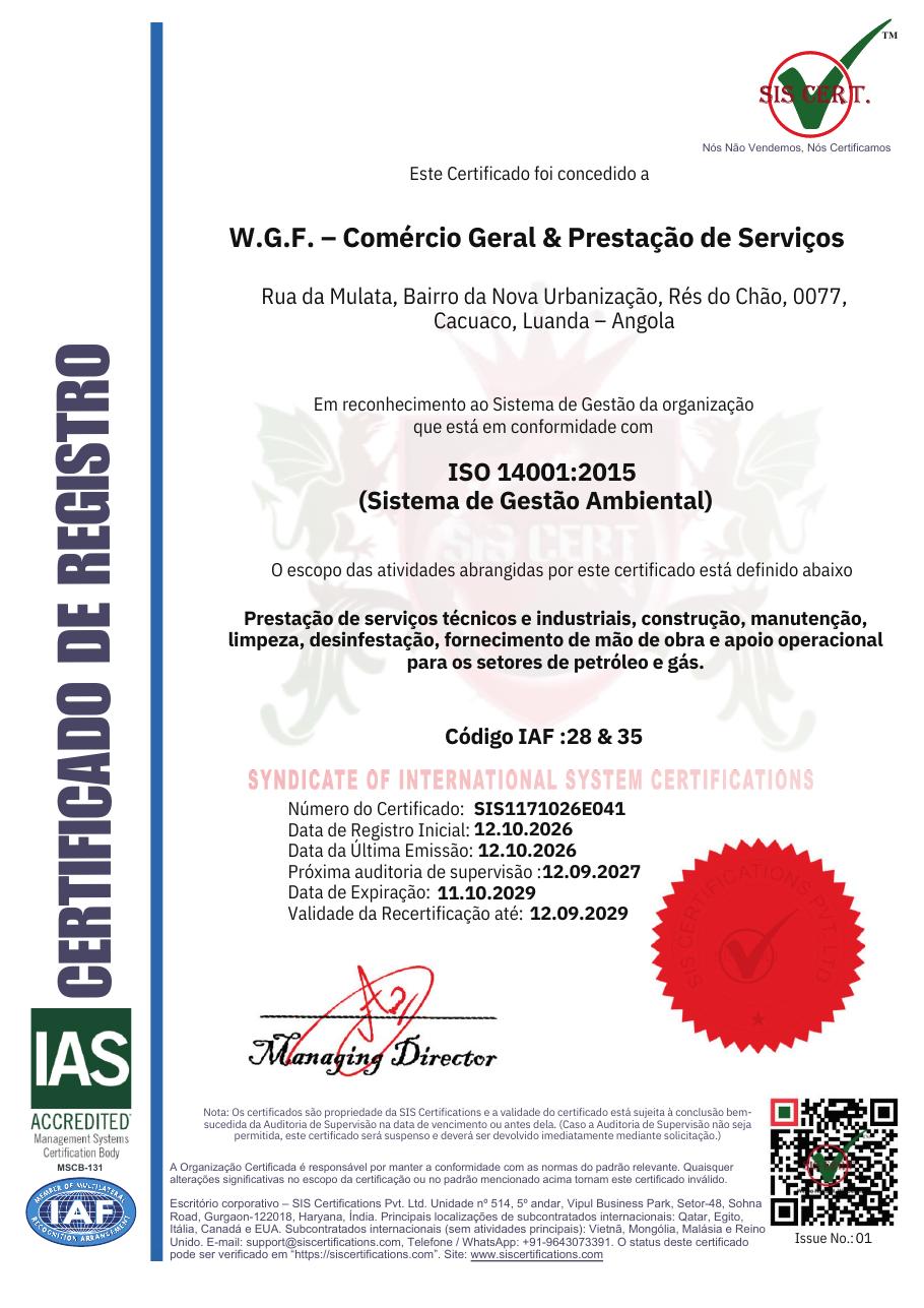 Certificado ISO 14001:2015 da W.G.F., n.º SIS1171026E041