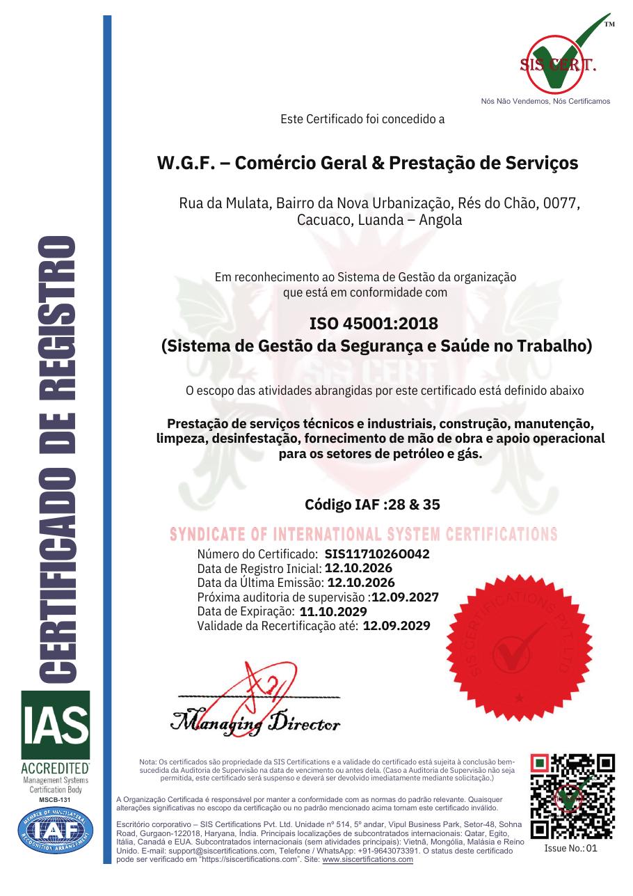 Certificado ISO 45001:2018 da W.G.F., n.º SIS1171026O042