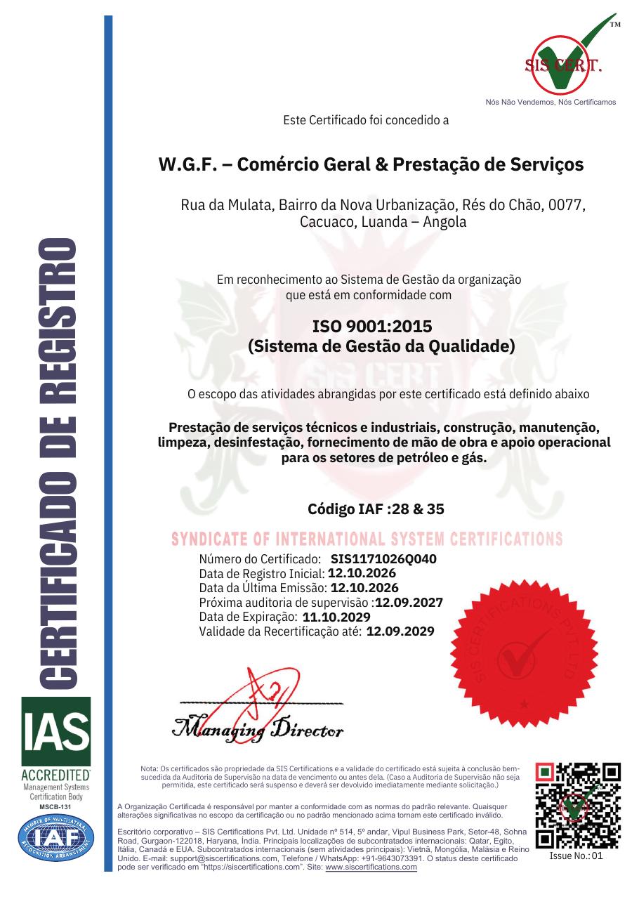 Certificado ISO 9001:2015 da W.G.F., n.º SIS1171026Q040