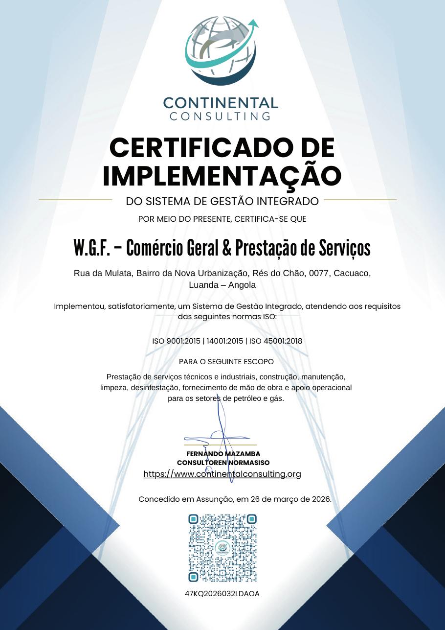 Certificado de implementação do SGI emitido pela Continental Consulting, referência 47KQ2026032LDAOA